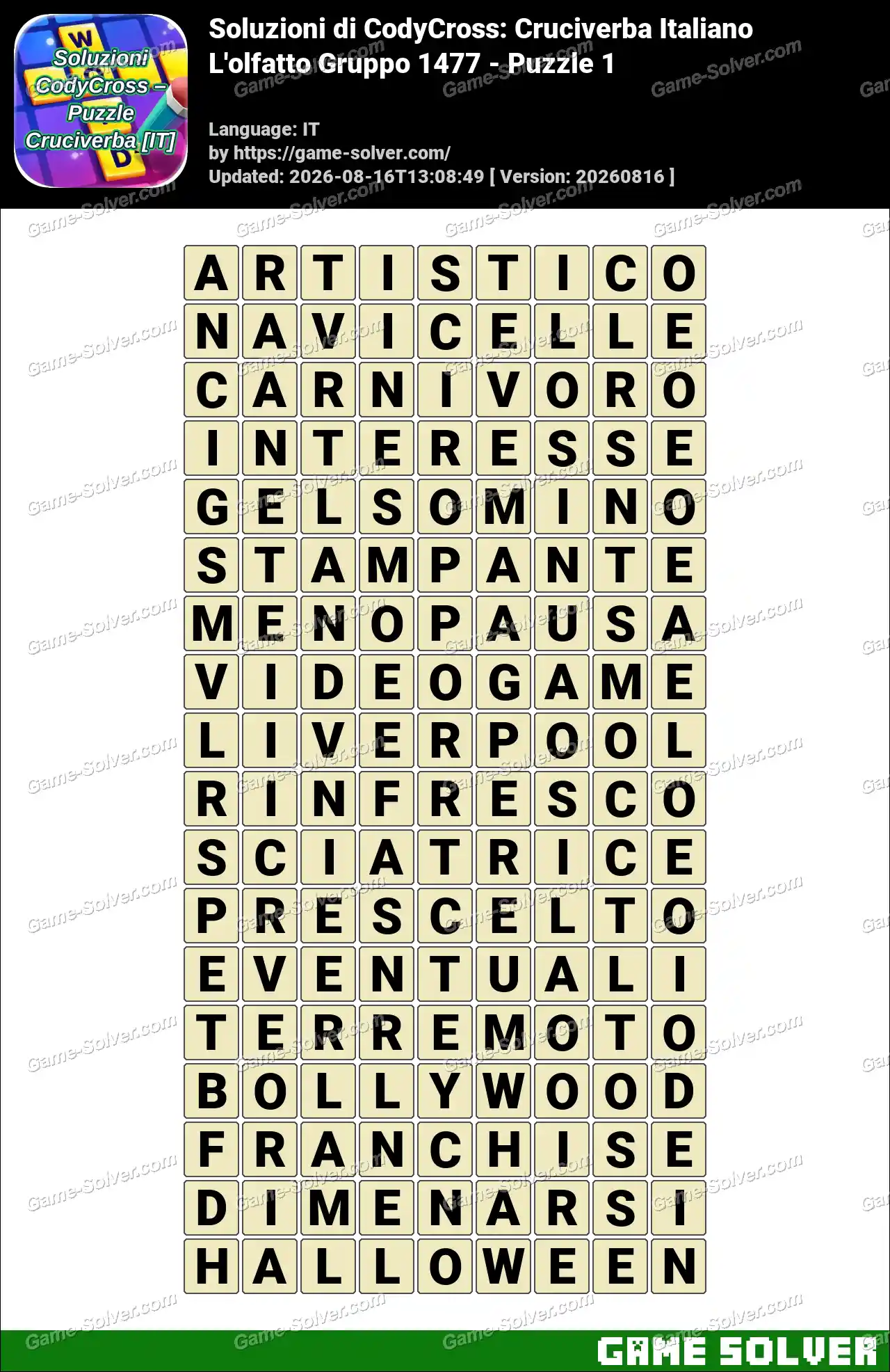 Soluzioni di CodyCross: Cruciverba Italiano L’olfatto Gruppo 1477 – Puzzle 1